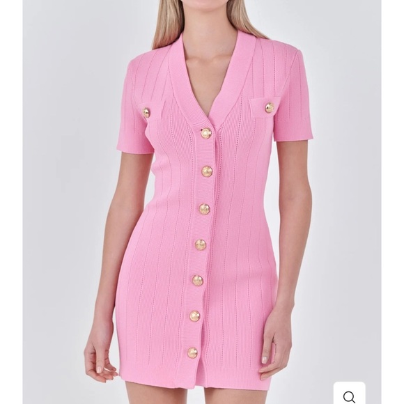 Endless Rose Shank Button V-Neckline Knit Mini Dress - Picture 1 of 5
